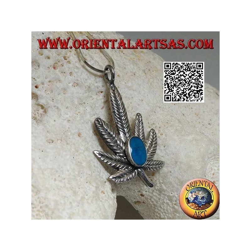 Pendentif en argent en forme de feuille de marijuana avec ovale central turquoise
