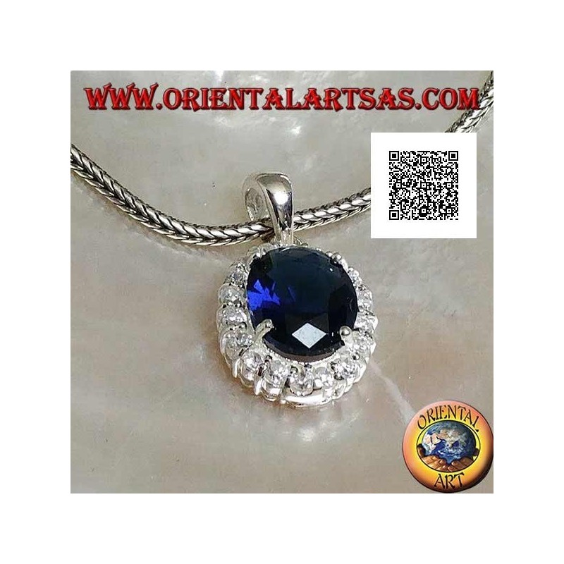 Pendentif en argent avec zircon saphir ovale serti de zircons blancs
