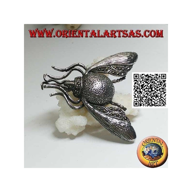 Spilla in argento a forma di calabrone / bombo in volo tempestato di marcassite