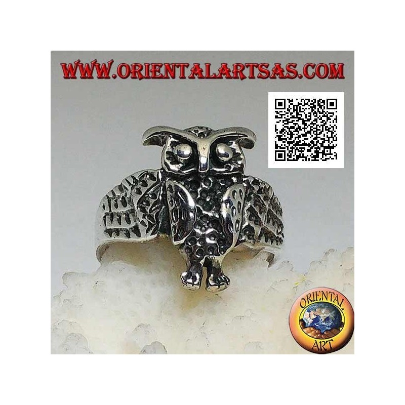 Bague en argent en forme de hibou entier avec ailes enveloppantes ouvertes