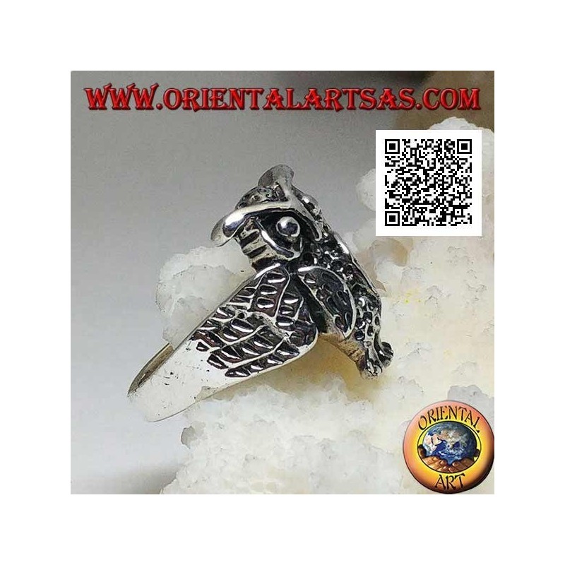 Silver ring in the shape of a whole owl with enveloping open wings