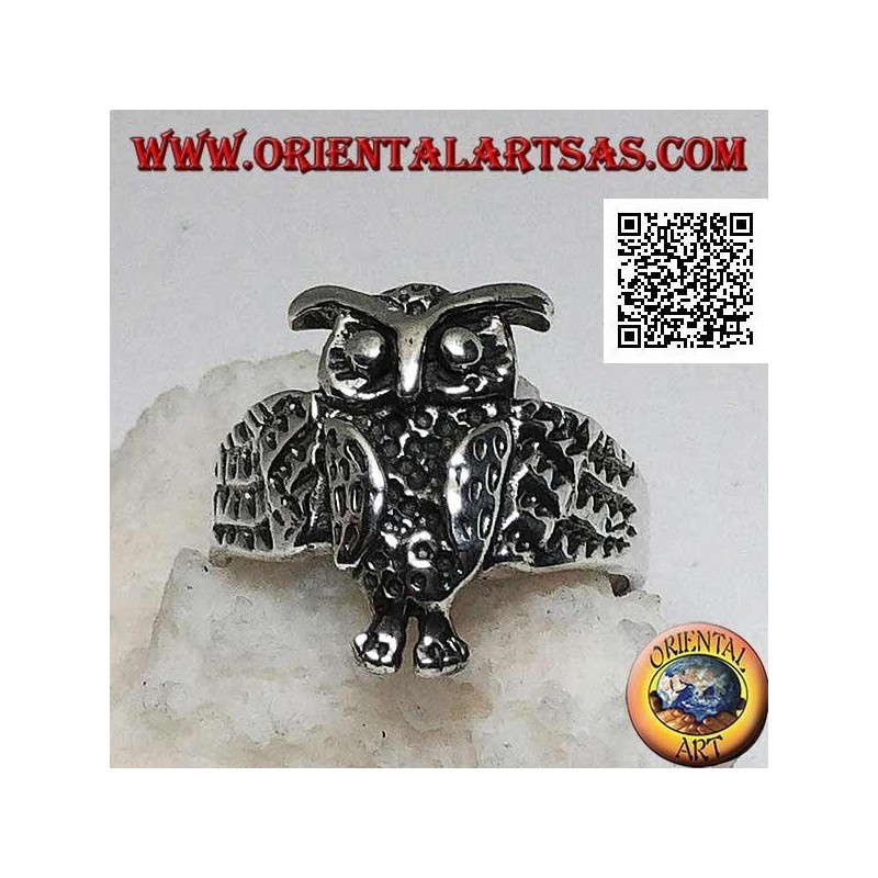 Bague en argent en forme de hibou entier avec ailes enveloppantes ouvertes