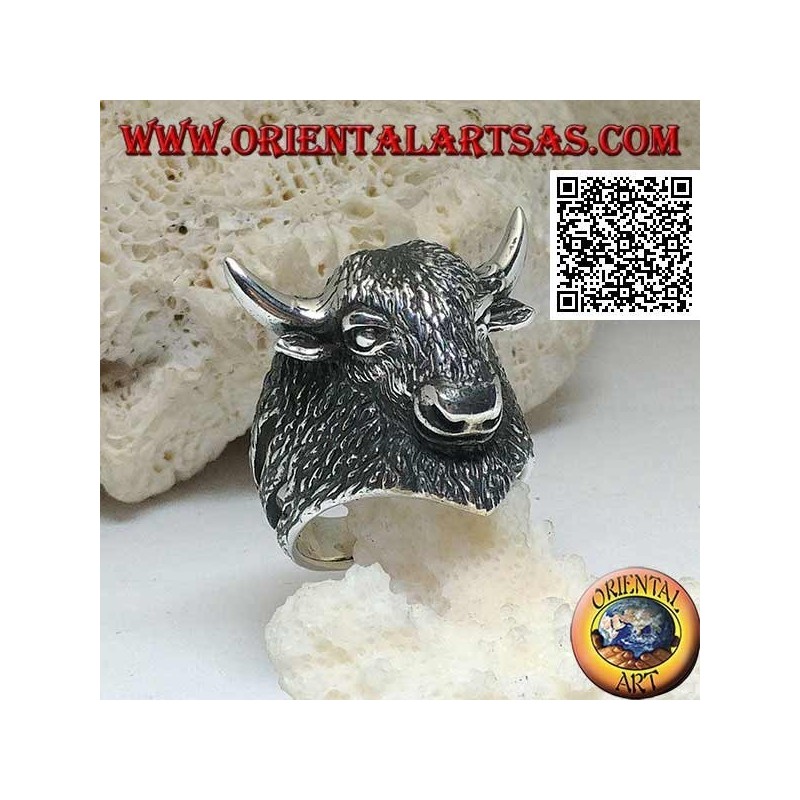 Bague en argent en forme de tête de bison d'Amérique entièrement gravée (grande)