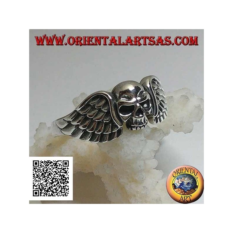 Bague en argent, crâne sans mâchoire entre les ailes