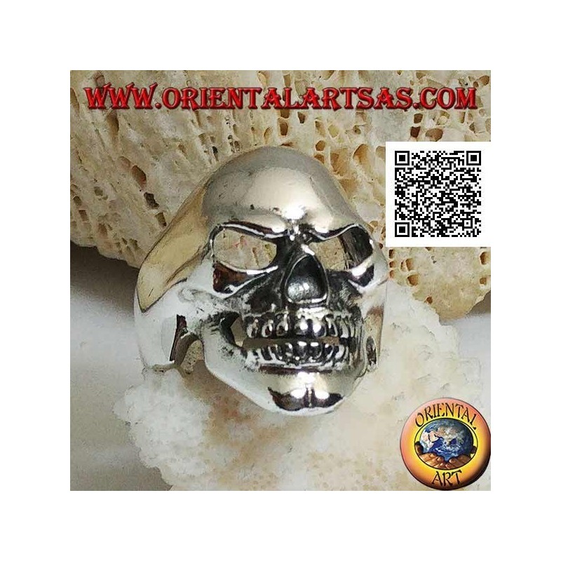 Anillo de plata, sonriente cráneo liso con hoyuelo en la barbilla