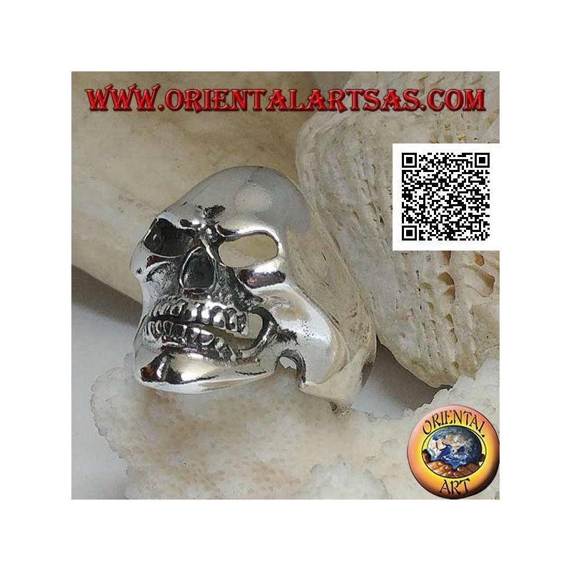 Anello in argento, teschio liscio sorridente con la fossetta sul mento