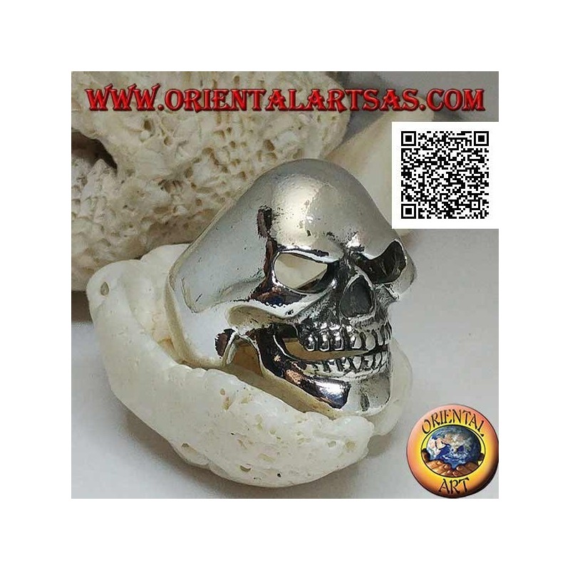 Anello in argento, teschio liscio sorridente con la fossetta sul mento