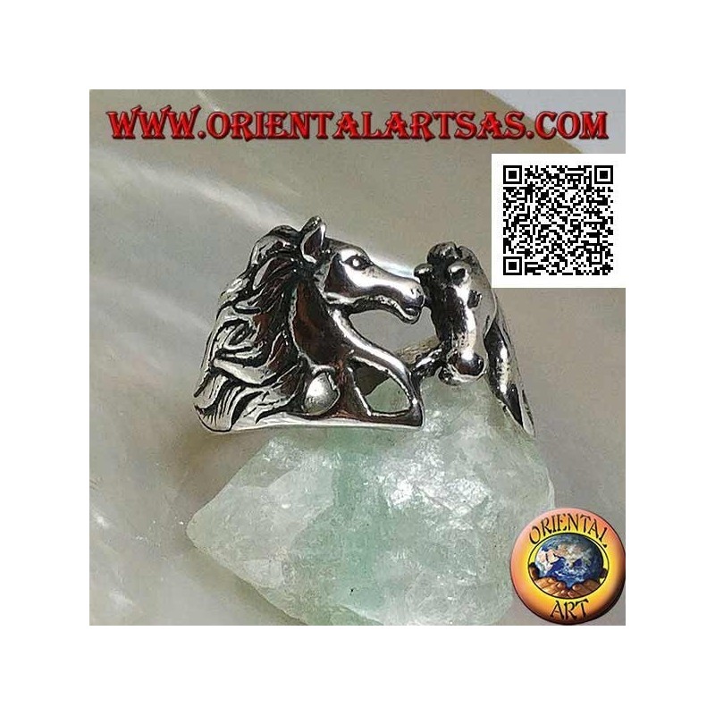 Anello in argento coppia innamorata di cavalli (teste) che si guardano