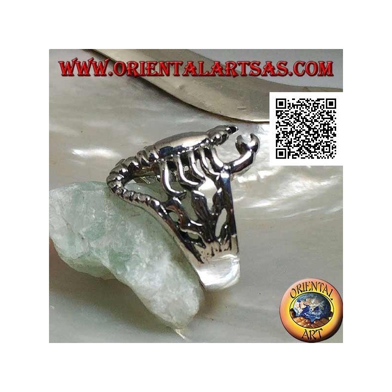 Silver ring in the shape of a smooth scorpion rounded on the algae
