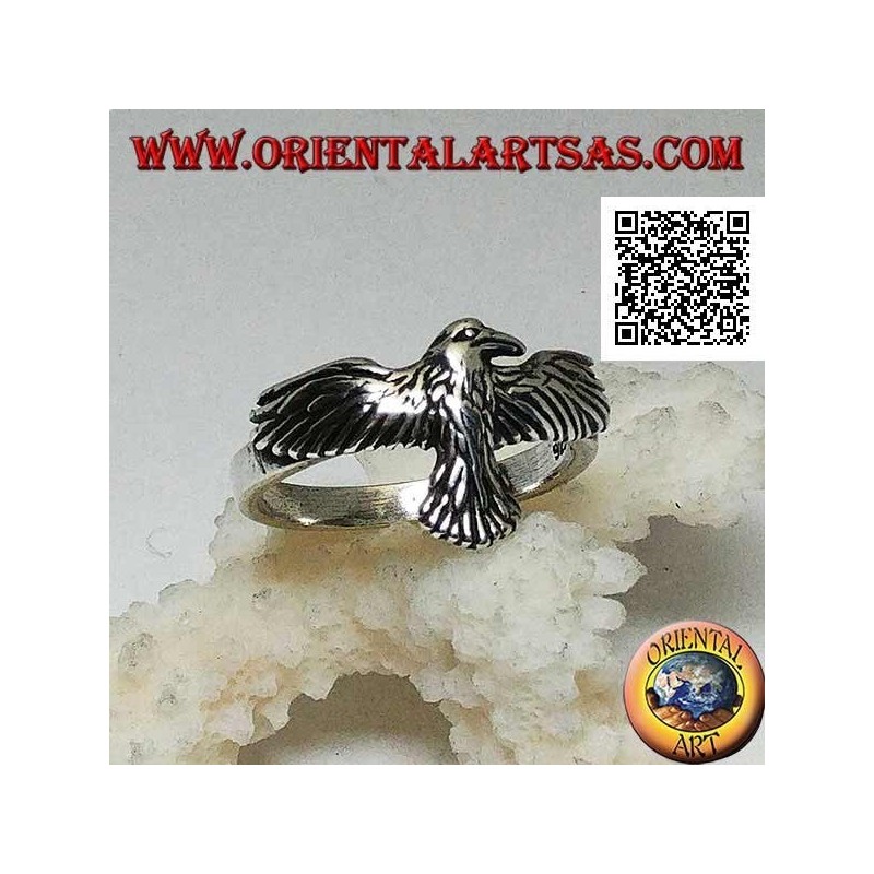 Anillo de plata con fénix con alas desplegadas y extendidas en vuelo