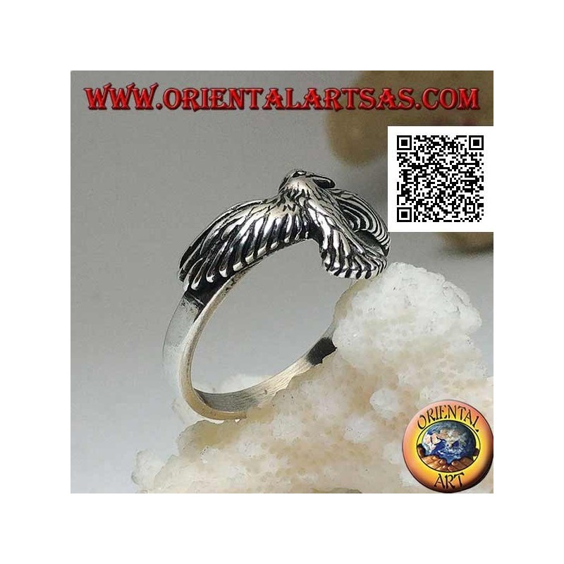 Anello in argento con fenice ad ali spiegate e distese in volo