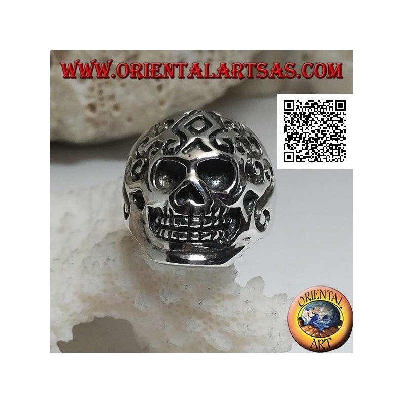 Silver ring, skull with Celtic engravings (triskéll)