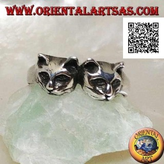 Bague en argent avec paire de chats (têtes)