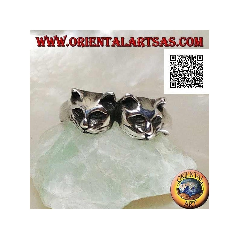 Bague en argent avec paire de chats (têtes)