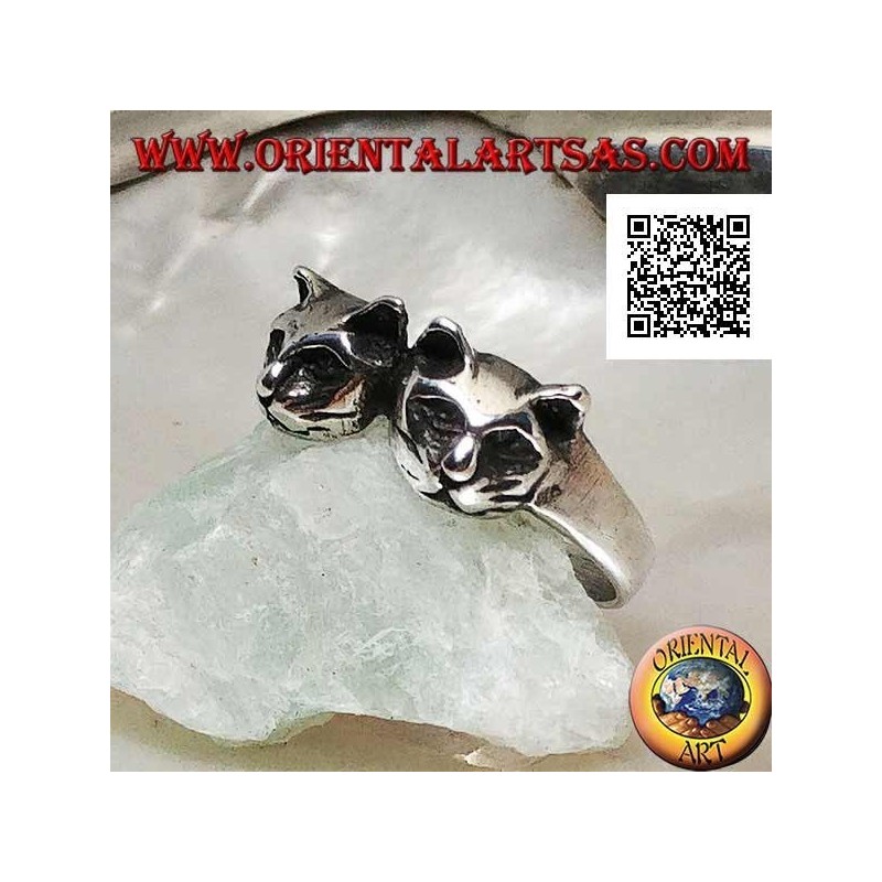 Bague en argent avec paire de chats (têtes)
