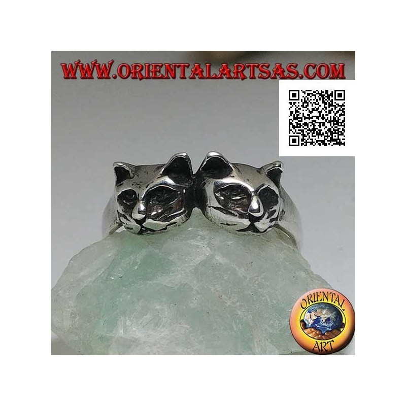 Bague en argent avec paire de chats (têtes)