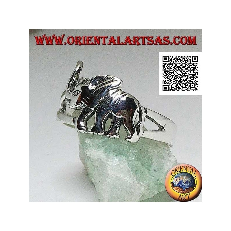 Silver ring with walking Asian elephant and trunk up