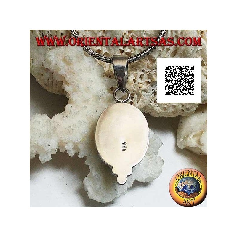 Silver pendant with oval cabochon onyx on smooth setting and three balls below