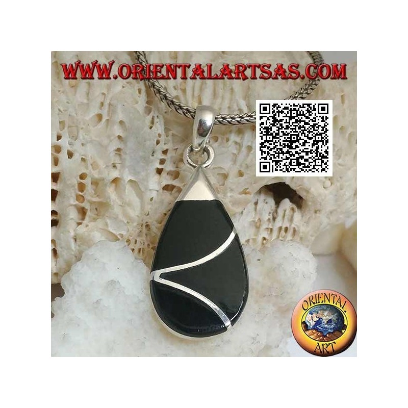 Drop silver pendant with onyx and intersecting sinuous line