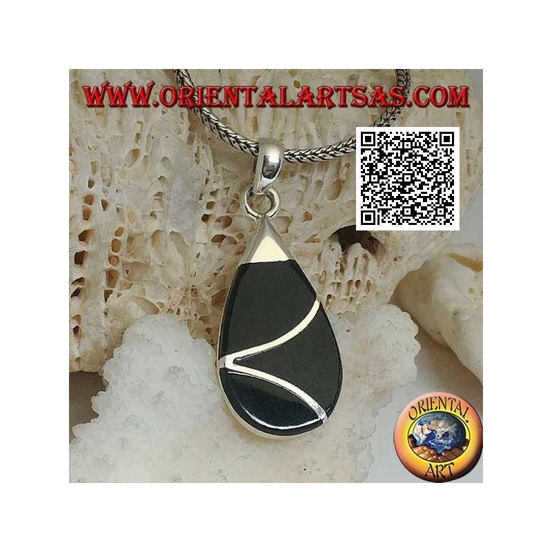 Drop silver pendant with onyx and intersecting sinuous line