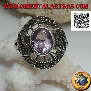 Silberring in Form eines Schnatzes mit natürlichem ovalem Amethyst und Markasit