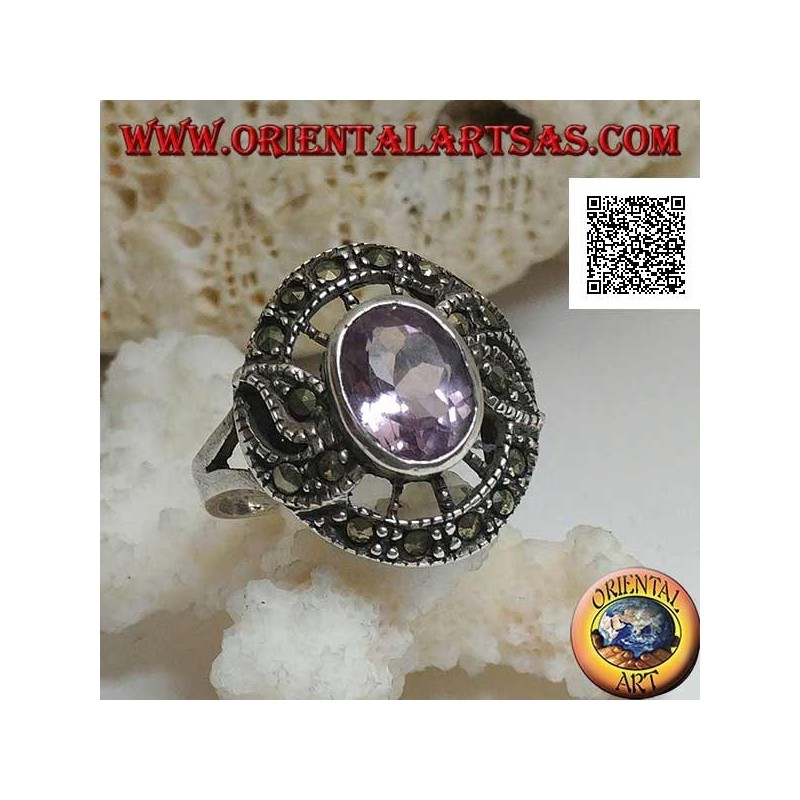 Anillo de plata en forma de snitch con amatista ovalada natural y marcasita