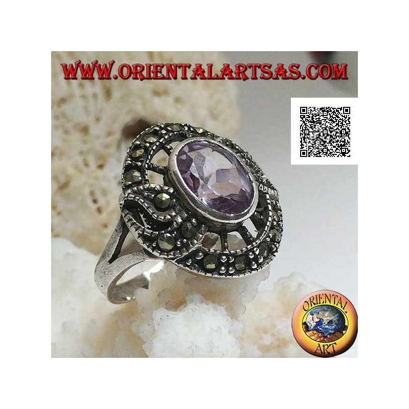 Silberring in Form eines Schnatzes mit natürlichem ovalem Amethyst und Markasit