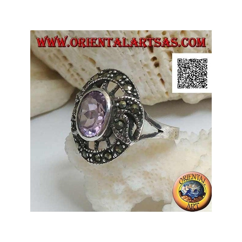 Bague en argent en forme de vif d'or avec améthyste ovale naturelle et marcassite