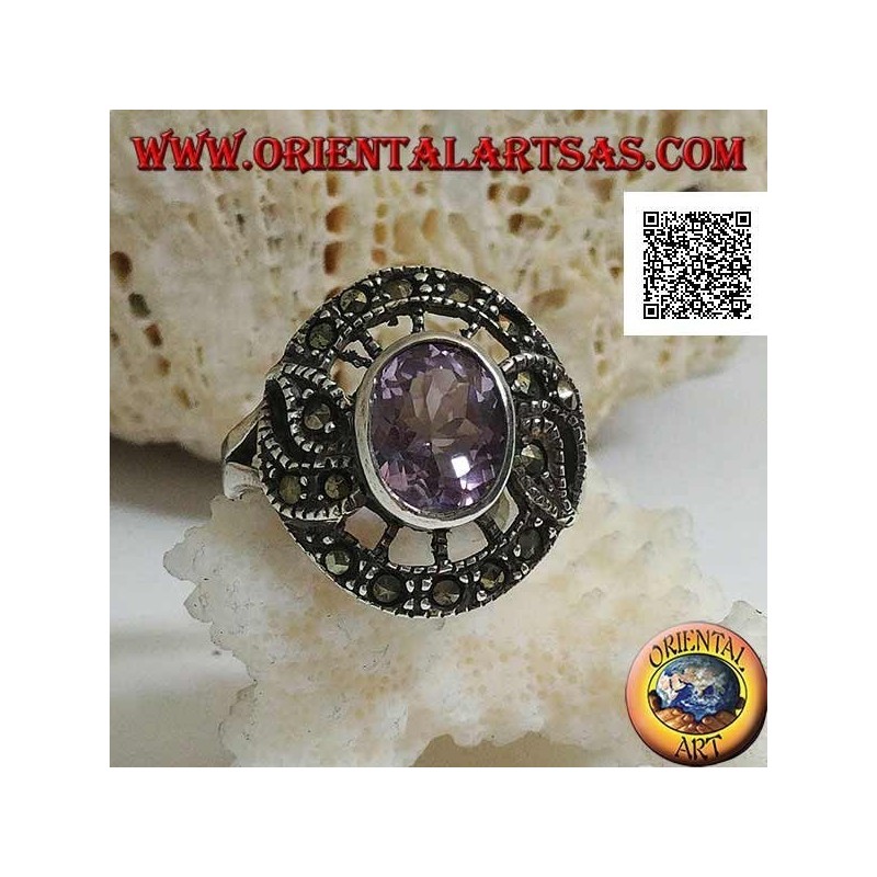 Bague en argent en forme de vif d'or avec améthyste ovale naturelle et marcassite