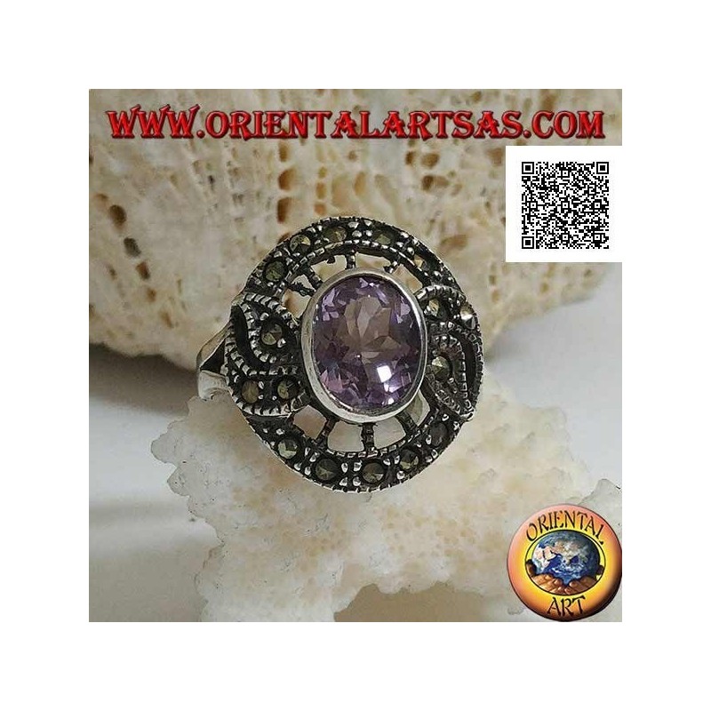 Silver ring in the shape of a snitch with natural oval amethyst and marcasite