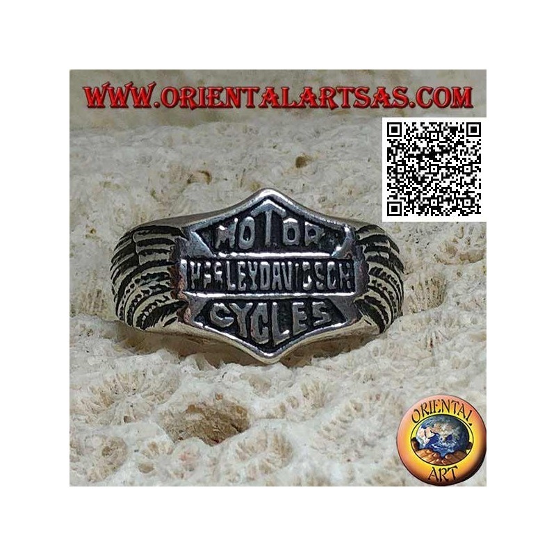 Silberring mit Motor Harley Davidson Cycles-Emblem mit seitlich eingravierten Flügeln