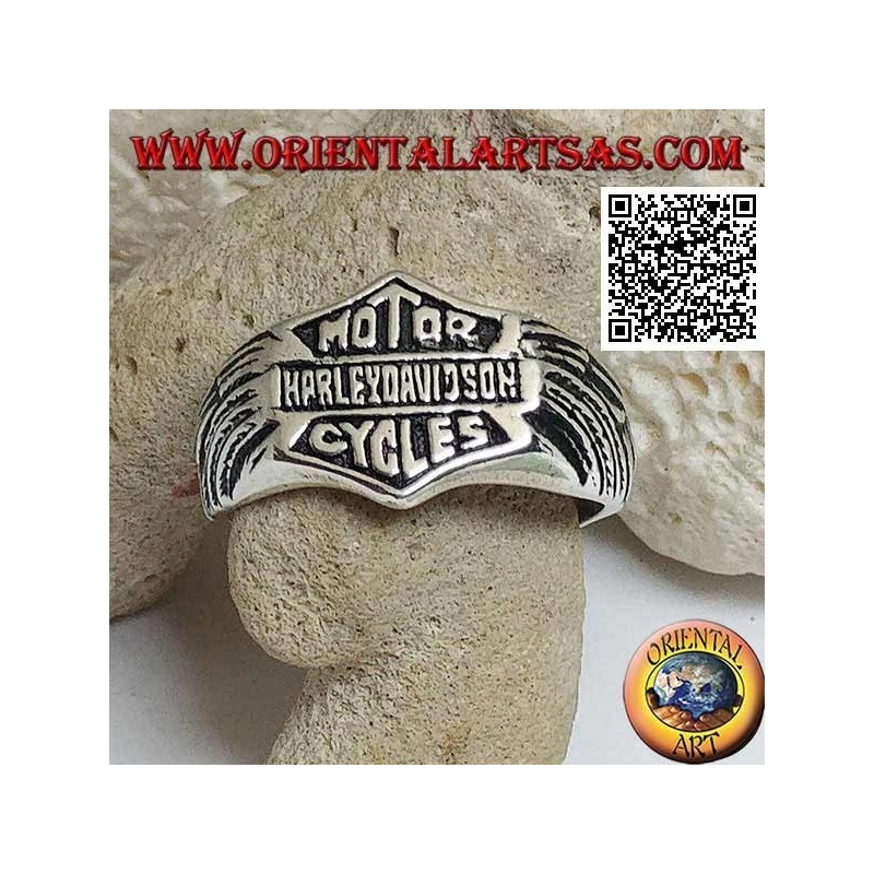 Anillo de plata con emblema Motor Harley Davidson Cycles con alas grabadas en los laterales