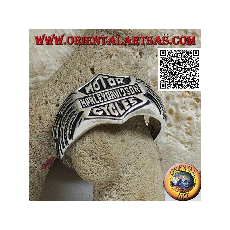 Anillo de plata con emblema Motor Harley Davidson Cycles con alas grabadas en los laterales
