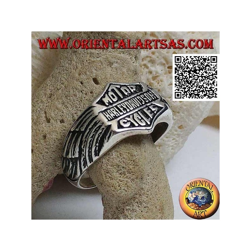 Bague en argent avec emblème Motor Harley Davidson Cycles avec ailes gravées sur les côtés