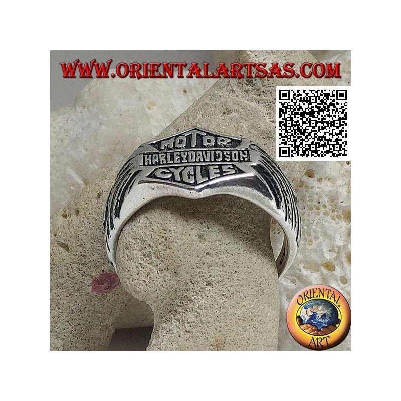 Anello in argento con stemma Motor Harley Davidson Cycles con ali incise sui lati