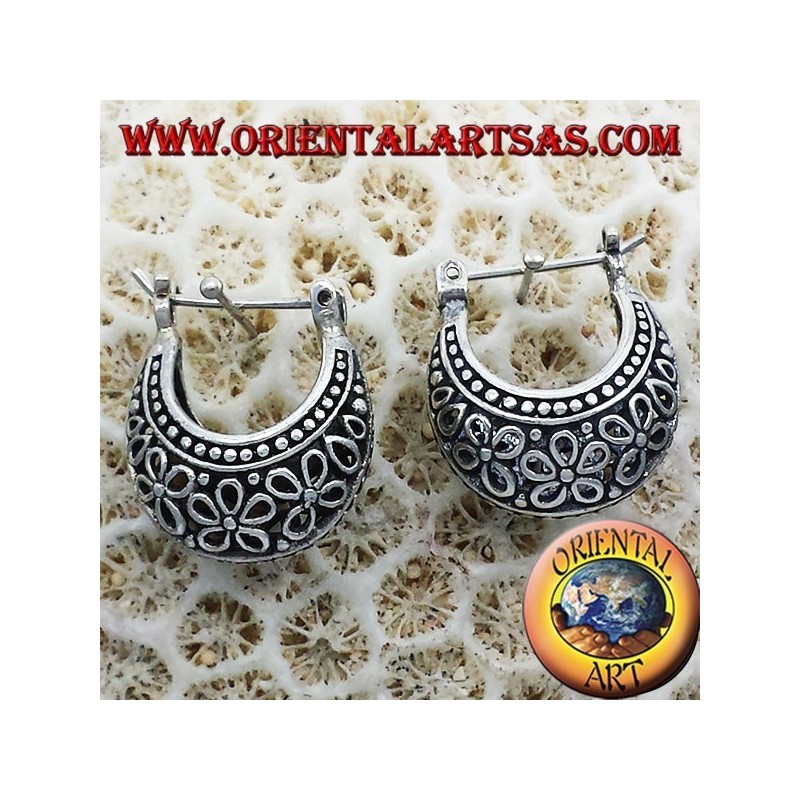 earrings crescent circle openwork flowers in small silver