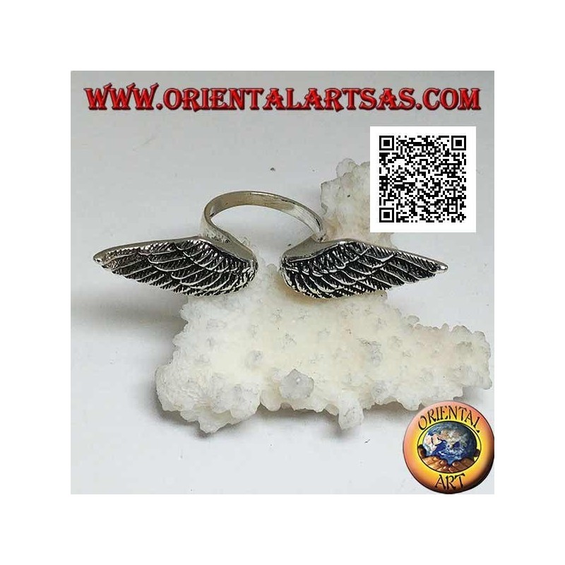Anillo de plata con doble extensión y alas de ángel abiertas