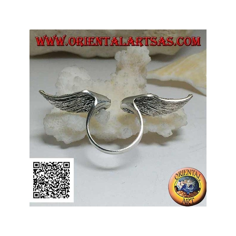 Anillo de plata con doble extensión y alas de ángel abiertas