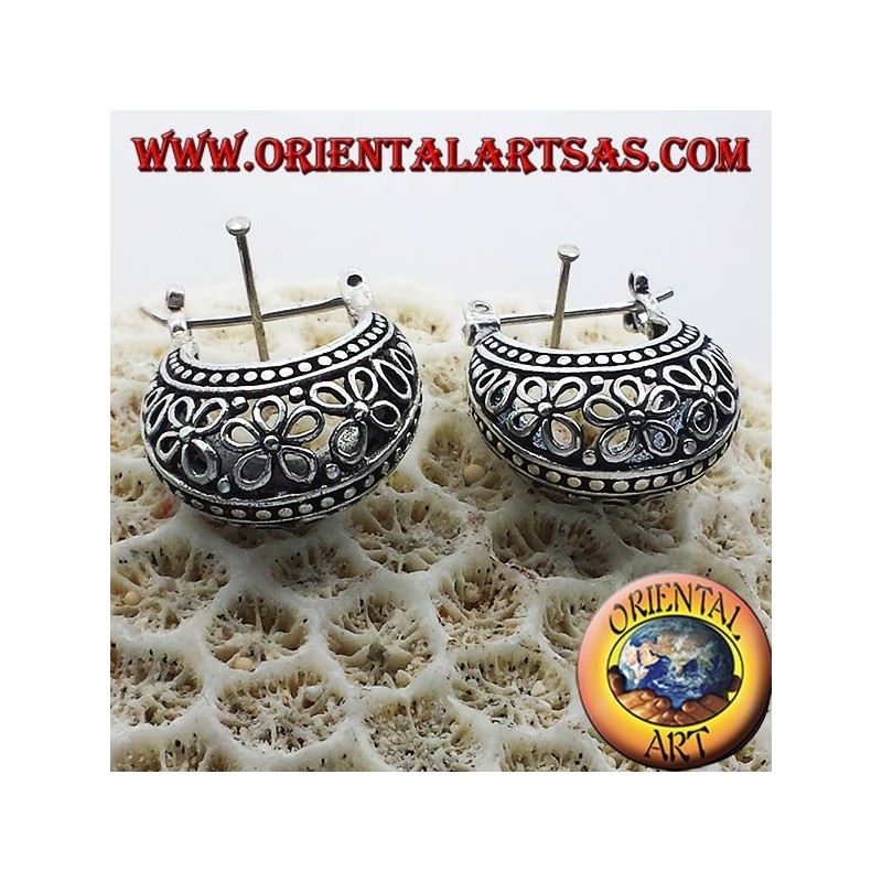 fleurs ajourées cercle croissant boucles d'oreilles en argent petite