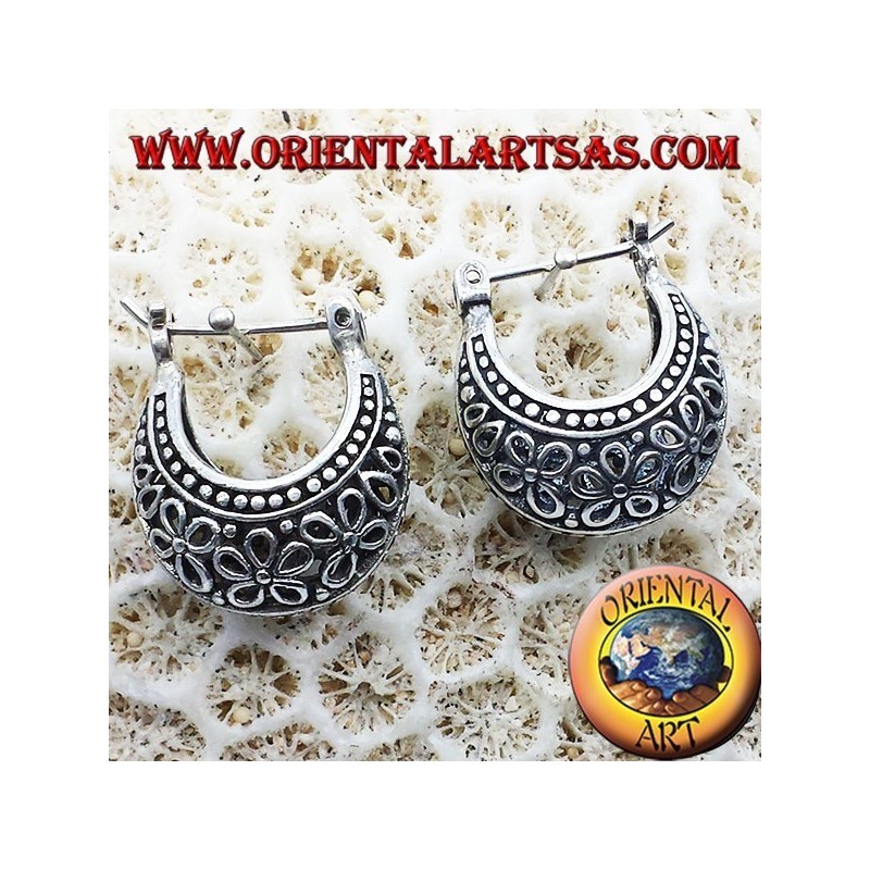 fleurs ajourées cercle croissant boucles d'oreilles en argent petite