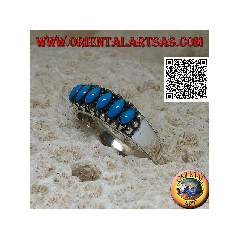Bague en argent avec 6 cabochons navette turquoise entourés de boules