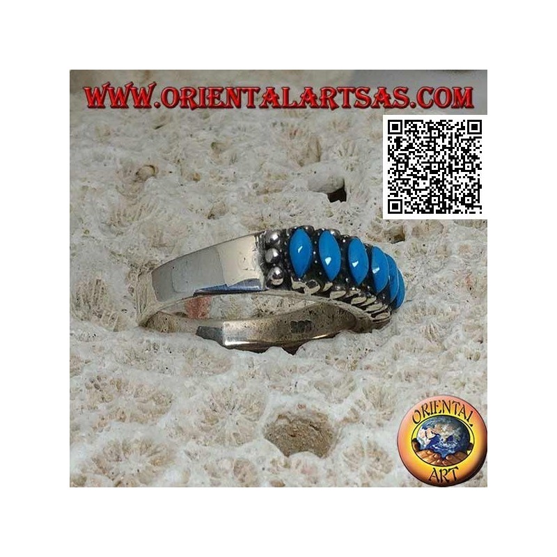 Bague en argent avec 6 cabochons navette turquoise entourés de boules