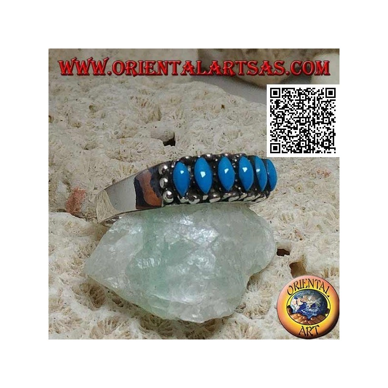 Anello in argento con 6 turchesi a navetta cabochon contornati da palline