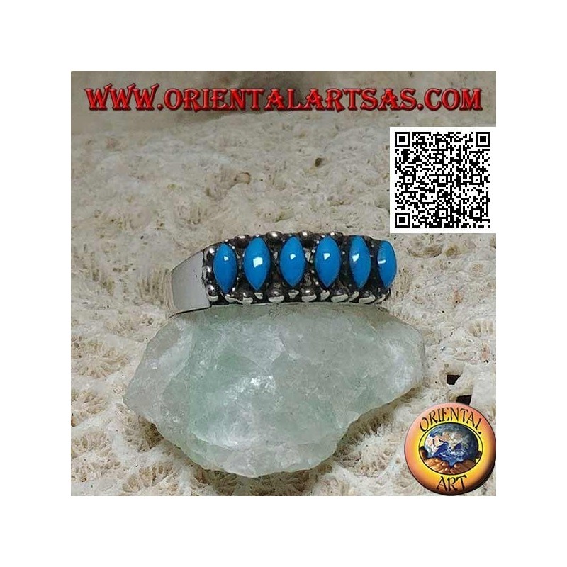 Bague en argent avec 6 cabochons navette turquoise entourés de boules