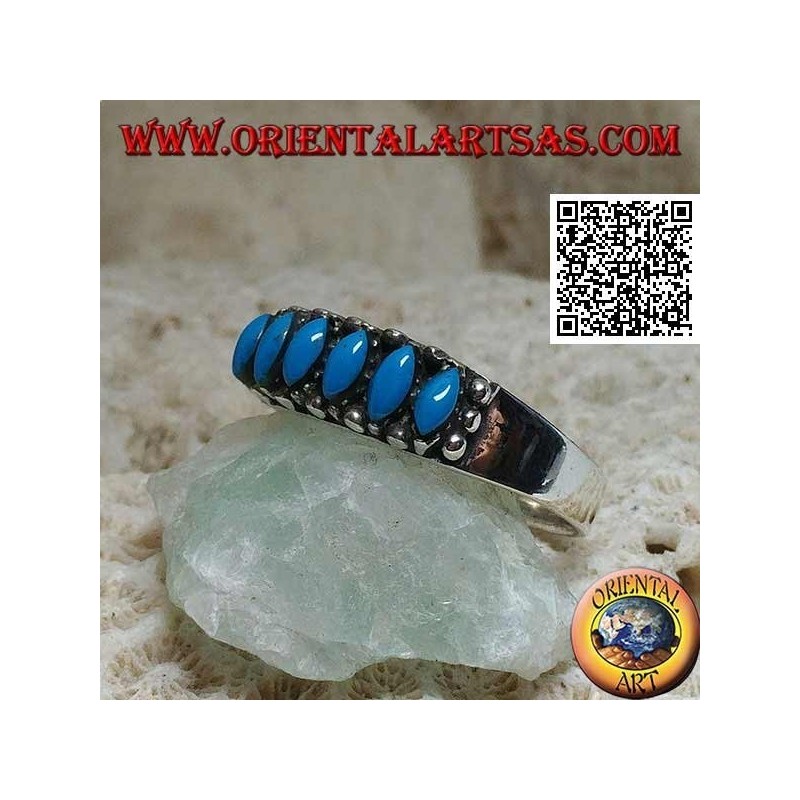 Silver ring with 6 cabochon shuttle turquoise surrounded by balls