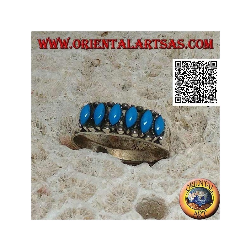 Silberring mit 6 Cabochon Shuttle Türkis, umgeben von Kugeln