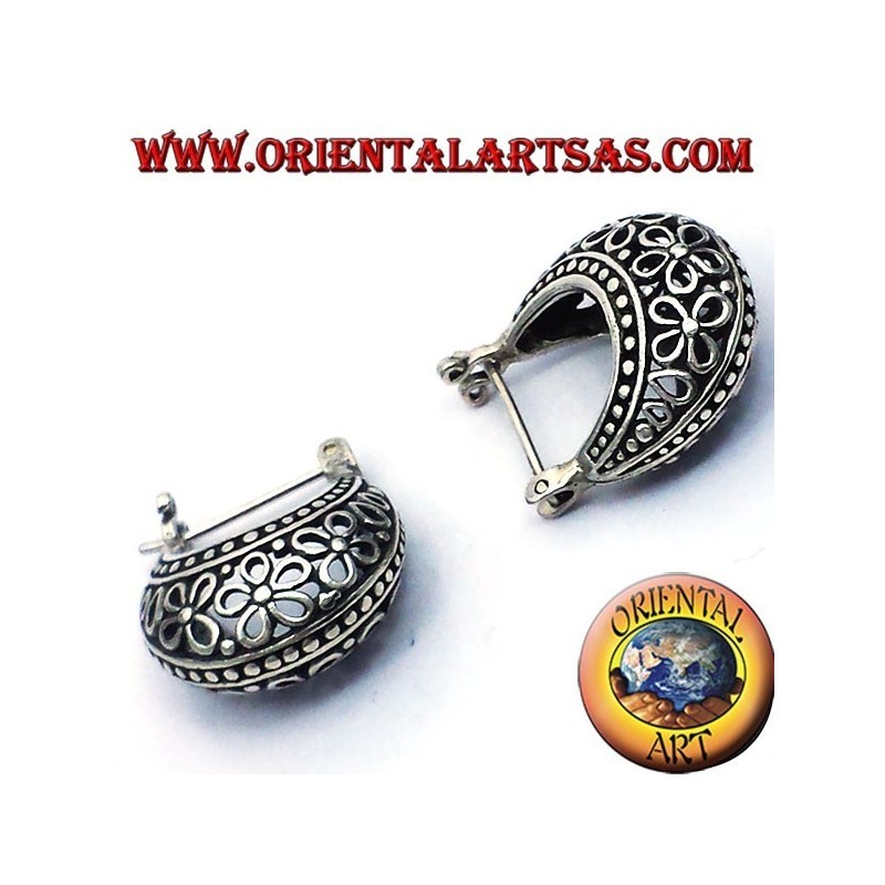 fleurs ajourées cercle croissant boucles d'oreilles en argent petite