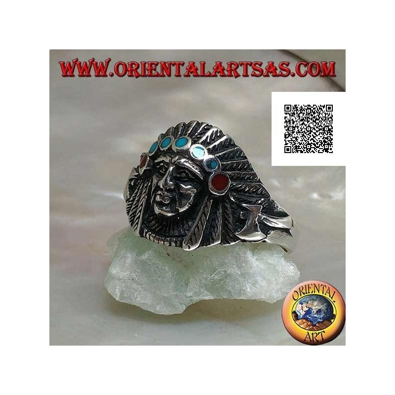 Bague en argent, tête d'Indien d'Amérique avec coiffe de plumes et disques turquoise et corail
