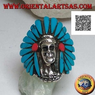 Silver ring, Native American Indian skull with turquoise feather headdress and coral discs