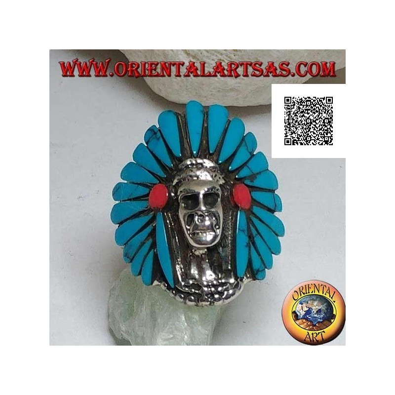 Anillo de plata, calavera de indio nativo americano con tocado de plumas turquesas y discos de coral